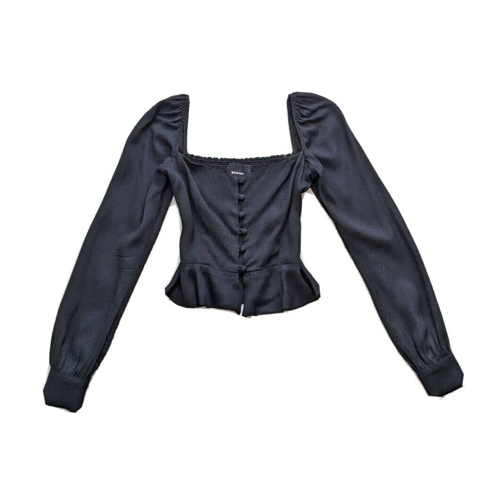 Reformation Mimi Black Peasant Button Front Square Neck Top Size 0 Long Sleeve